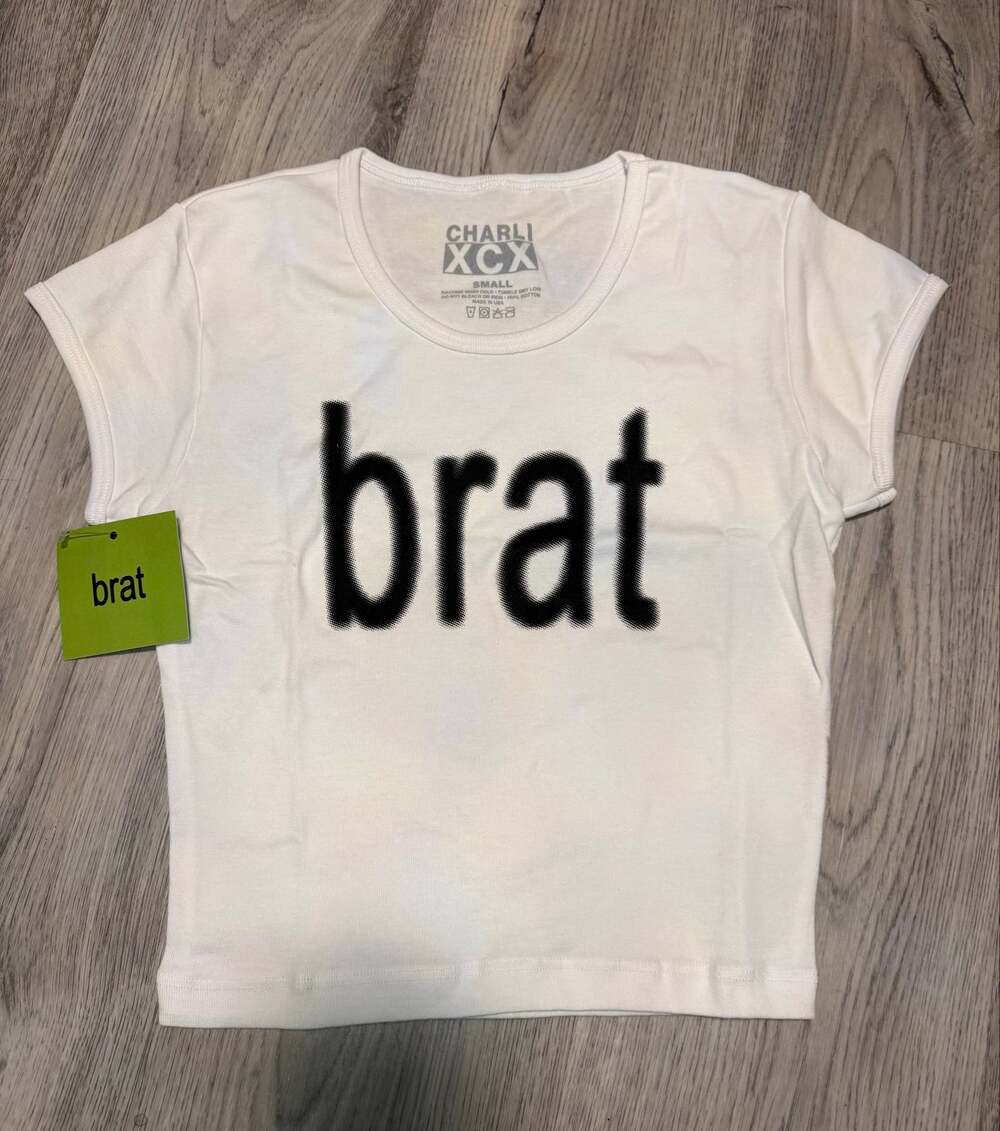NWT Official Charli XCX white Brat Crop Top Baby Tee Size S Hyperpop Y2K Rave